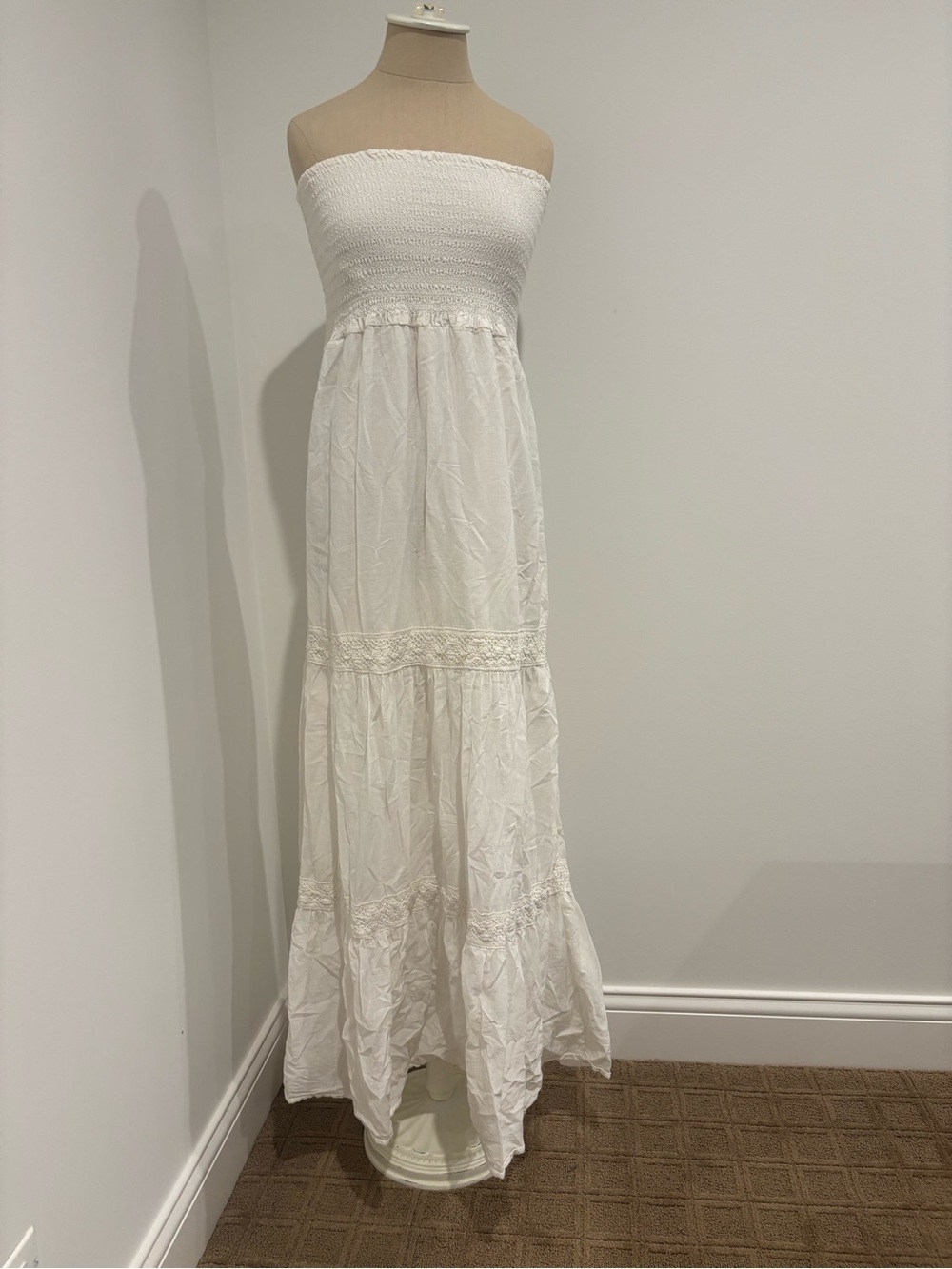 White Strapless Smocked Maxi Dress